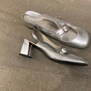 Regnier Paris Silver Women's Slingback block heel Mary Janes with buckle